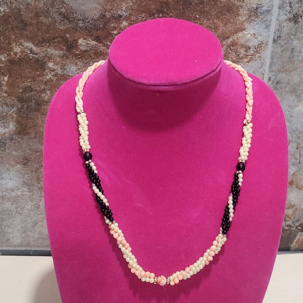 Multi Strand Beads Necklace Two Twisted Strands Pink Black White Beads
